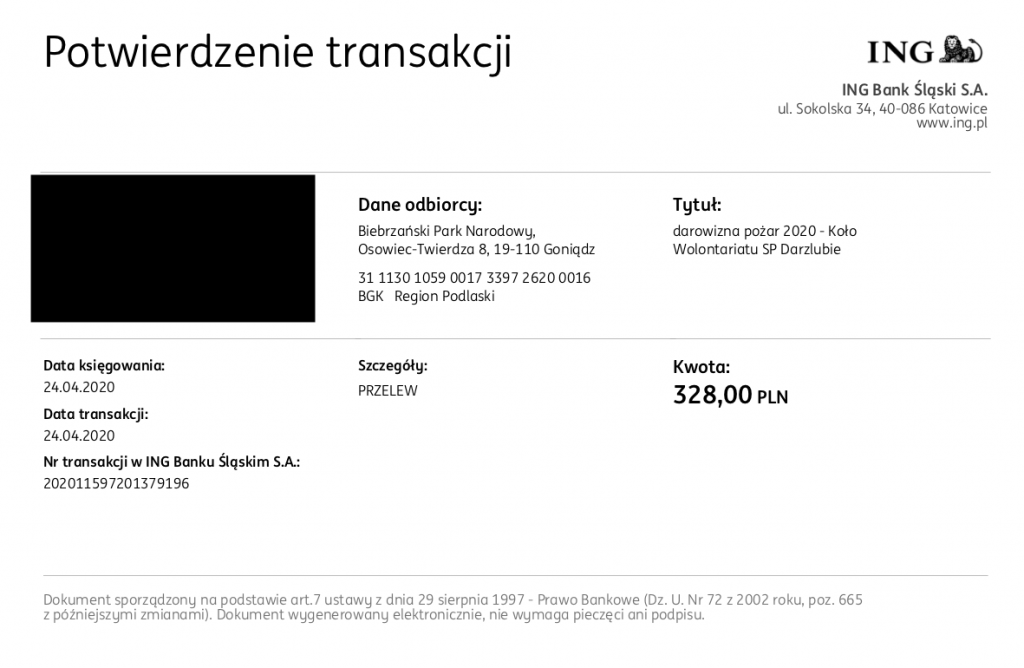 Potwierdzenie transakcji nr 0073009493 240420, , : Uczniowie z Darzlubia wsparli akcję gaśniczą w Biebrzańskim Parku Narodowym | Portal i Telewizja Kaszuby24